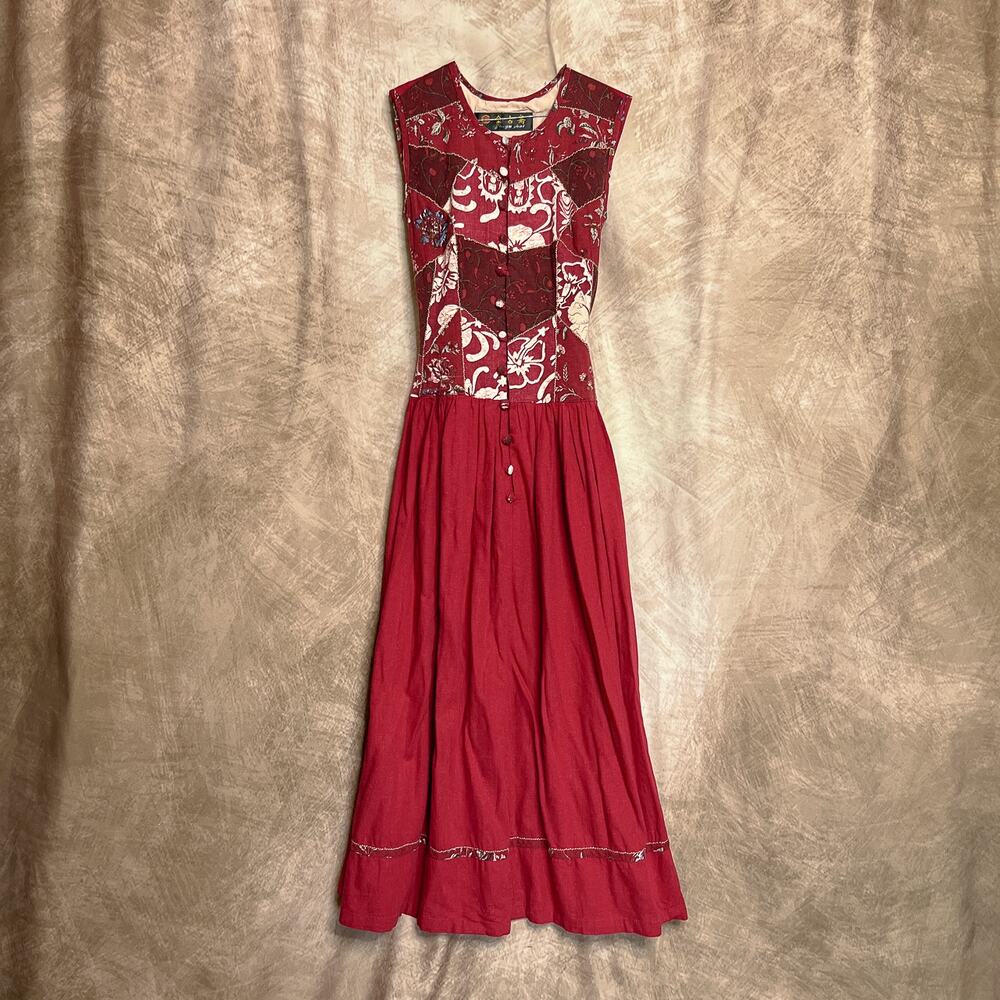 Vintage 90s Jing Gu Zhai Floral Patchwork Fit & Flare Maxi Dress Sleeveless Red